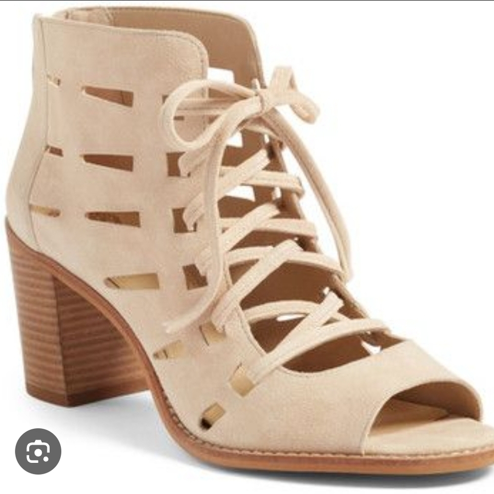 Vince Camuto Cream Heeled Boots with Open-Toe Design